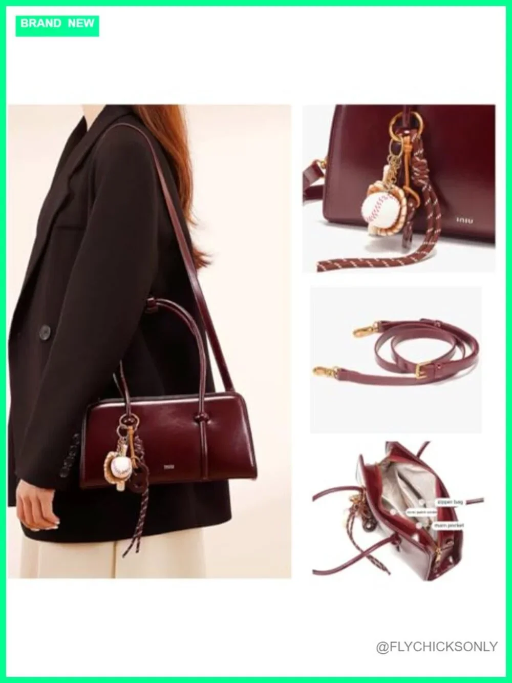 Glossy Faux Leather Top Handle Satchel Crossbody with Baseball Charm